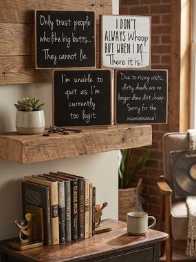 Set of 4 Black & White Wooden Song Quote Plaques - Humorous Home Accent
